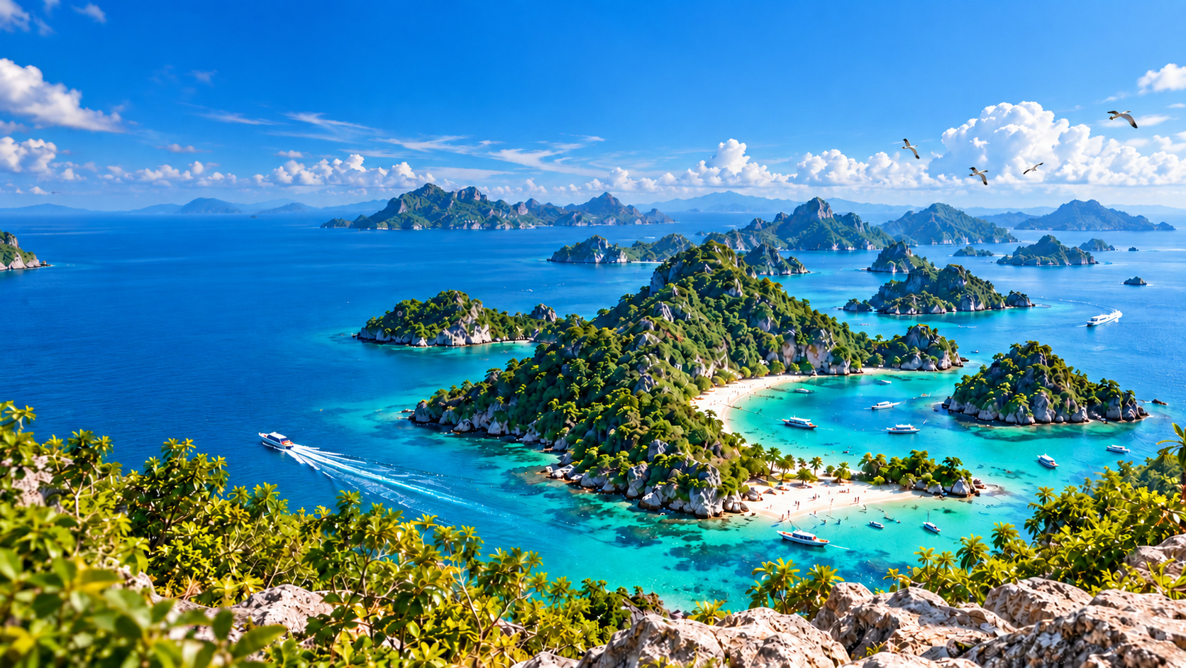 A bright tropical island panorama with turquoise water, boats, birds and distant beachgoers